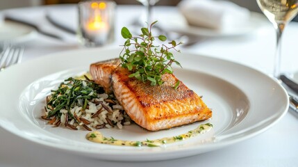 Gourmet Pan-Seared Trout Dish with Wild Rice Pilaf and Saut&eacute;ed Spinach for Fine Dining