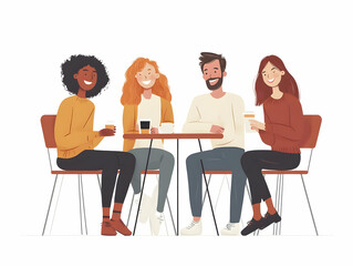 Flat Peer Support Coffee Meetup: Engaging Medium Shot of Empathetic Individuals in a Casual Caf? Setting - Promoting Janeiro Branco with Informal Support Networks in Simple Flat Vector Illustration St