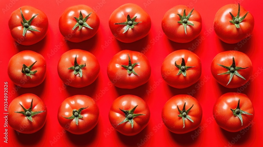 Poster a flat lay of 15 fresh red tomatoes arranged in a grid pattern on a vibrant red background.