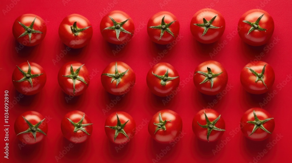 Poster a flat lay of fresh red tomatoes arranged in a grid pattern on a red background.