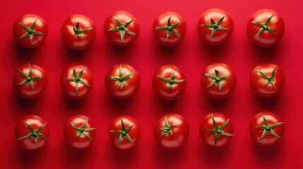 A flat lay of fresh red tomatoes arranged in a grid pattern on a red background.