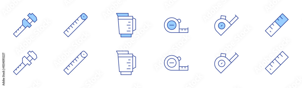 Poster measure icon set in two styles, duotone and thin line style. editable stroke. caliper, measure tape,