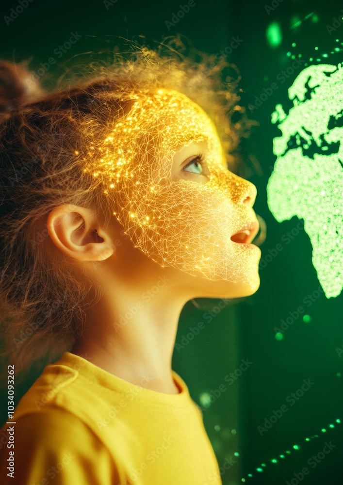 Poster amazed child interacting with holographic world map in classroom technology setting