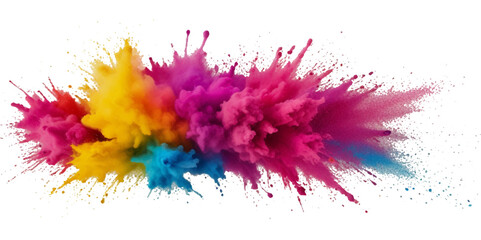Multicolored rainbow explosion of cloud powder paint holi decoration isolated on transparent background. Vector abstract colorful rainbow holi paint festival background.