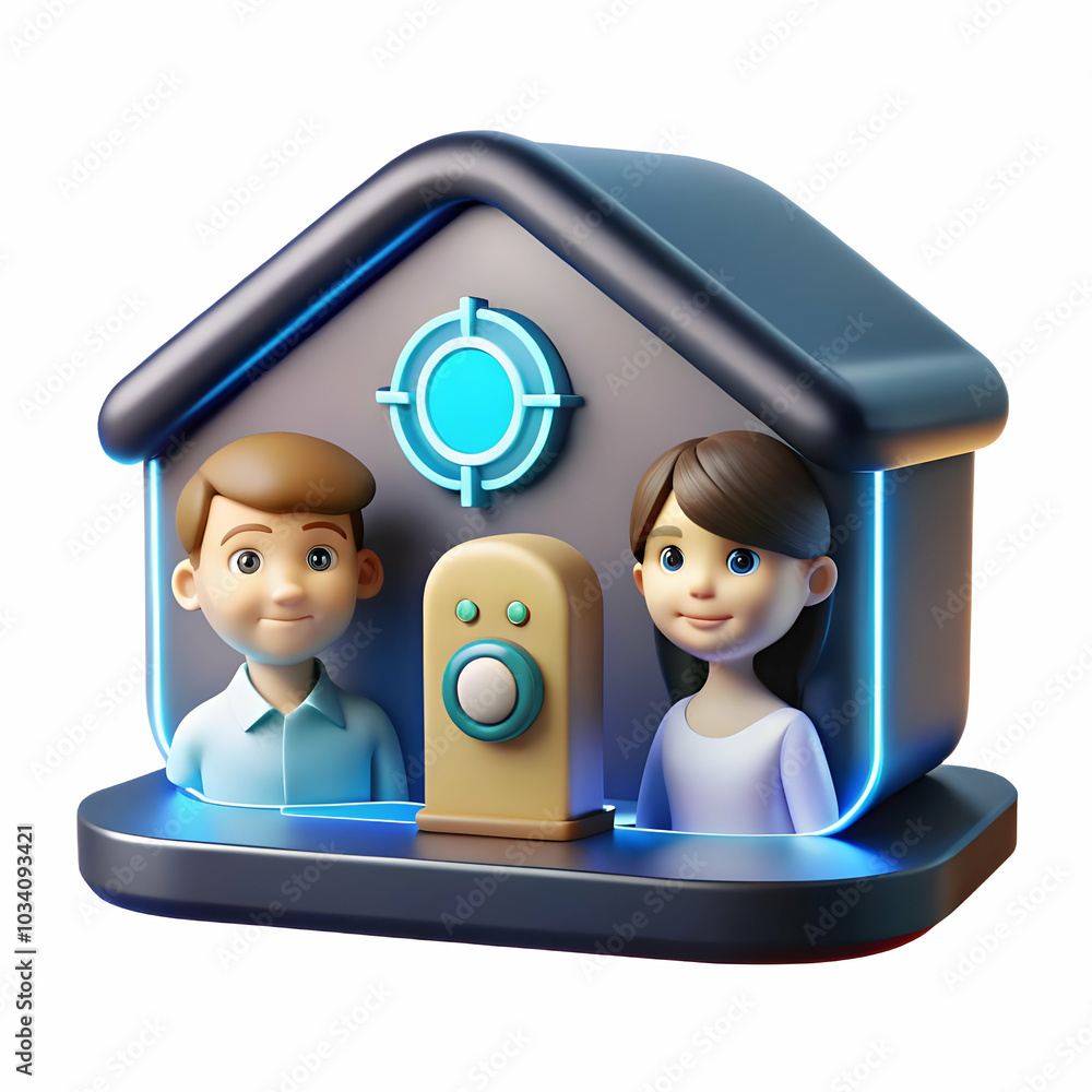Poster close up of family engaging with smart home interface, showcasing futuristic lighting and tech-drive