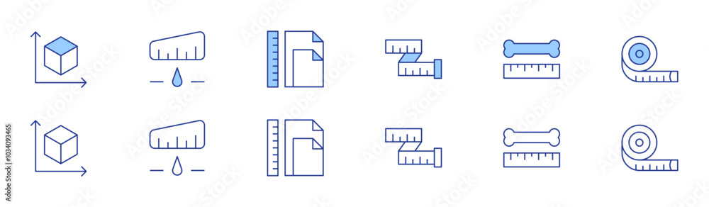 Poster measure icon set in two styles, duotone and thin line style. editable stroke. measuring tape, bone, 