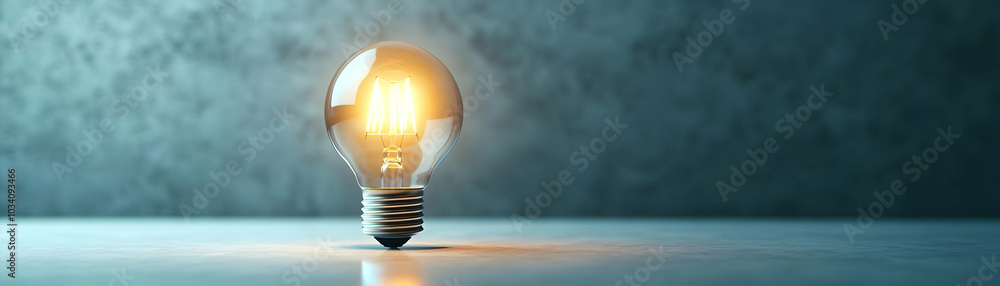 Poster plain light bulb on glossy white surface - close-up of simplicity with ample copy space for innovati