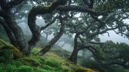 Fototapeta premium In the distance, the mystical fog danced through the ancient trees.