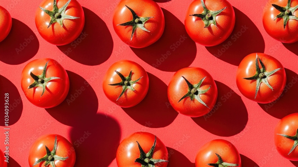 Poster a flat lay of fresh red tomatoes arranged in a pattern on a vibrant red background.