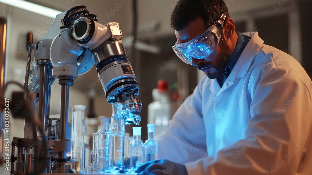 Poster a scientist in a lab coat and safety goggles uses a robotic arm to conduct experiments.