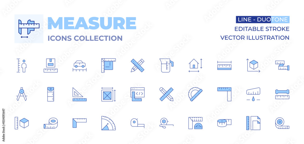 Poster measure icons collection. line duotone style, editable stroke. coding, protractor, work in progress,