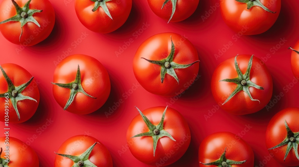 Poster a flat lay of fresh, ripe red tomatoes arranged in a grid pattern on a vibrant red background.