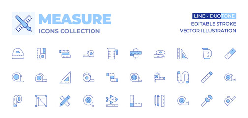 Measure icons collection. Line Duotone style, editable stroke. measure tape, measuring jug, measuring tape, ruler, rulers, tape measure, measuring cup, set square, mannequin