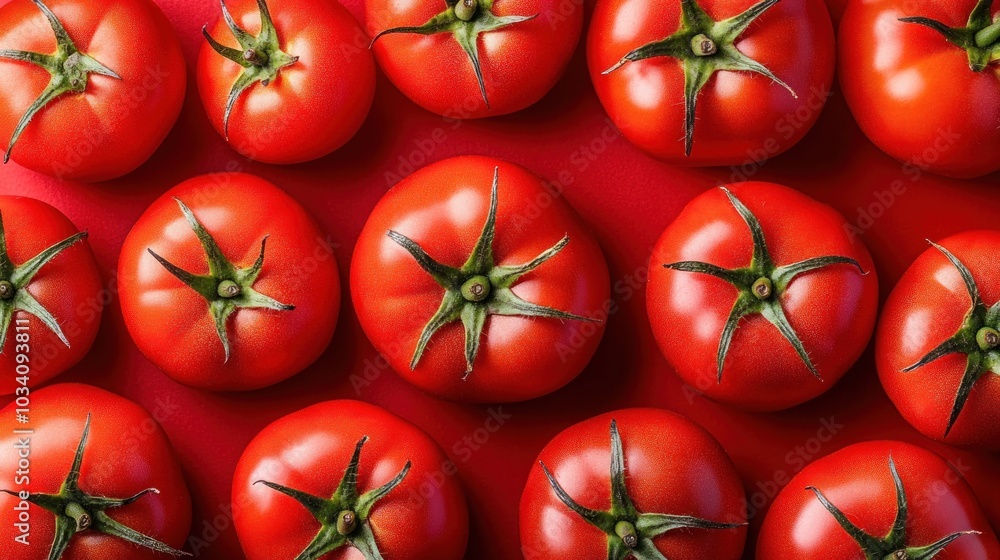 Poster a flat lay of ripe red tomatoes arranged in rows on a red background.