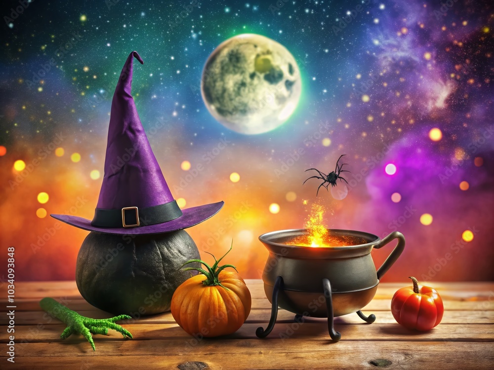 Wall mural halloween witch poster with hat, spider, and potion in flat style - spooky decor for october celebra