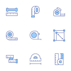 Measure icons set. Line Duotone style, editable stroke. measuring tape, rescale, bone, ruler, set square