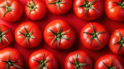 A flat lay of ripe red tomatoes arranged in rows on a red background.