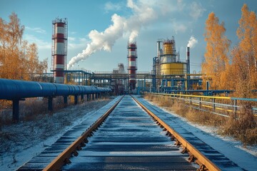 Industrial Refinery in Autumn with Smoke and Rail Tracks