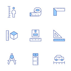 Measure icons set. Line Duotone style, editable stroke. ruler, rulers, size, compass, height, measure, measuring tape, parcel size