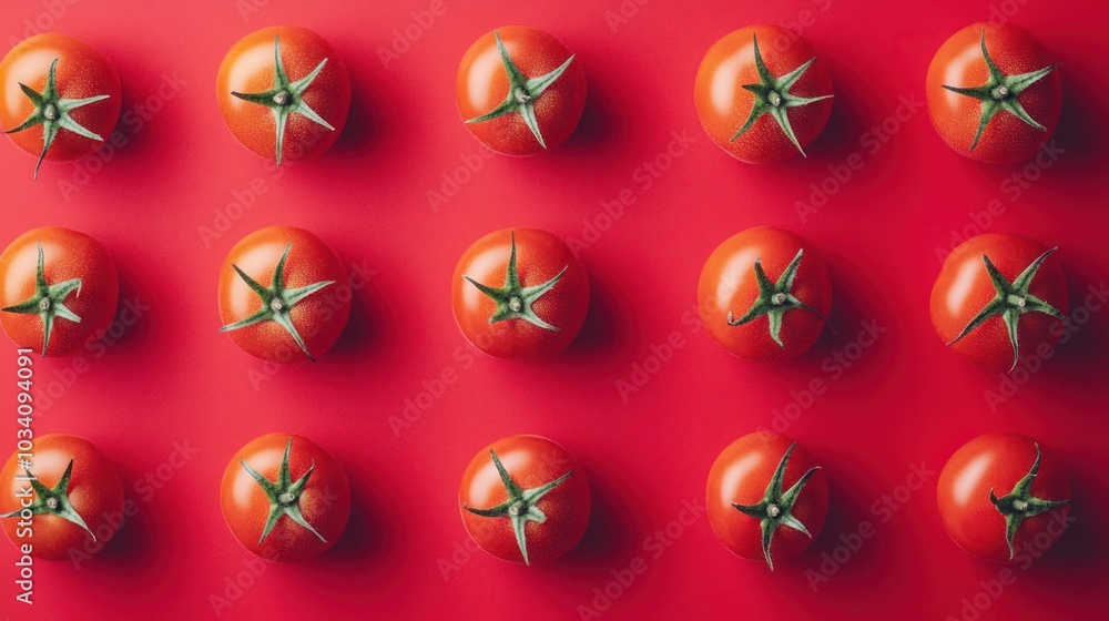Poster red tomatoes arranged in a grid pattern on a red background.