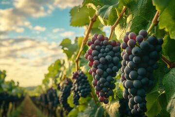 Fototapeta premium Lush Vineyard with Ripe Grapes Under a Golden Sky