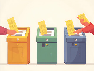 Flat Vector Illustration of Hands Counting Ballots with Soft Focus and Warm Lighting, Emphasizing Careful Vote Counting Process in a Transparent and Professional Manner