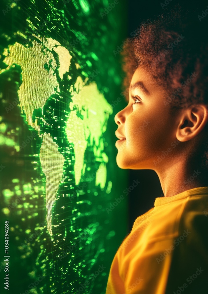 Aufkleber Young Child Engaged with Interactive Holographic World Map in Bright Classroom Setting