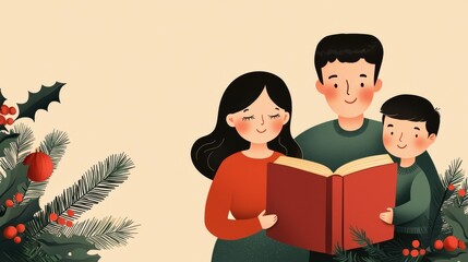A family joyfully reads a book together, surrounded by festive holiday decorations, embodying warmth and togetherness during the Christmas season.