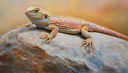 Naklejka premium Lizard basking on rock with vibrant scales, soft lighting, serene desert scene.