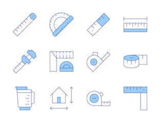 Measure icons. Line Duotone style, editable stroke. protractor, measuring tape, caliper, measure tape, measuring jug, ruler, size, length