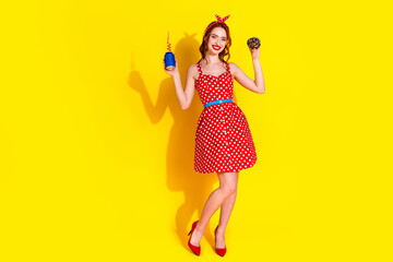 Photo of pretty cute adorable lady wear red trendy clothes eat dessert isolated on yellow color background