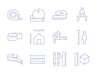 Measure icons. Thin Line style, editable stroke. apple, dimensions, length, compass, height, measure, measuring tape, writing
