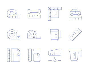 Measure icons. Thin Line style, editable stroke. bone, flexometer, measure, measuring jar, measuring tape, size, speedometer, ruler, measuring jug, tape measure