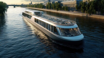 Fototapeta premium Luxurious modern river cruise ship sailing through serene landscapes, relaxation and elegance