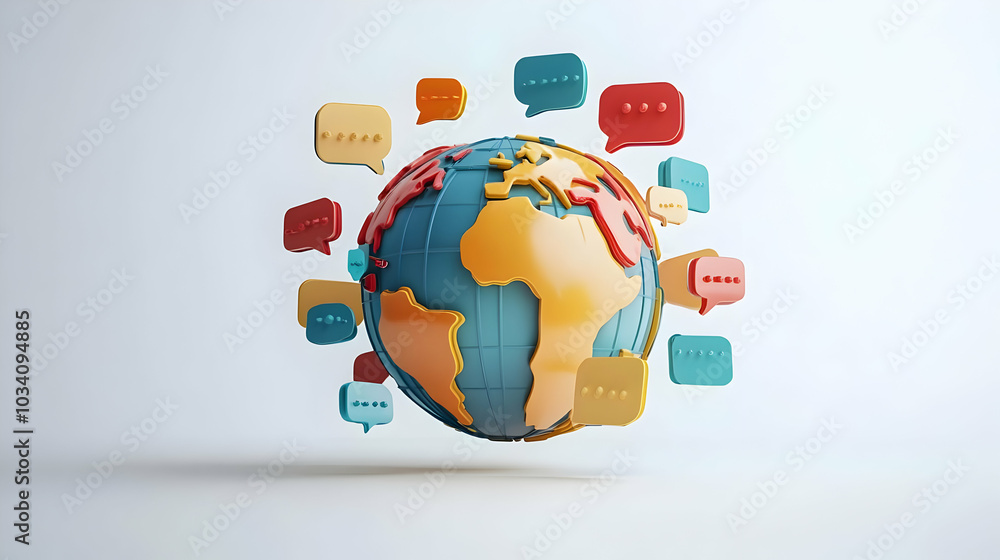Poster 3d flying globe with speech bubbles | vector global discussion concept for esg business negotiations