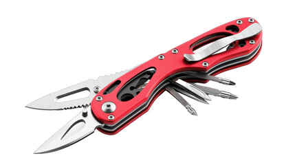 A sharp red metallic knife on a white surface with a red handle white background