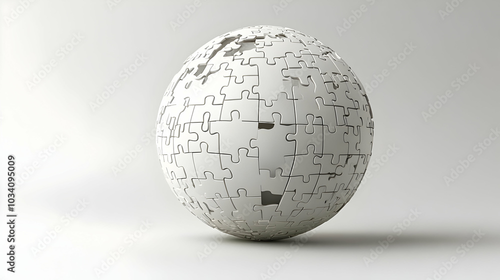 Poster 3d floating white jigsaw globe concept: close-up of a self-assembling globe for global mental health