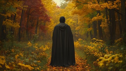 Naklejka premium Dark vampire costume with a black cape and red satin lining