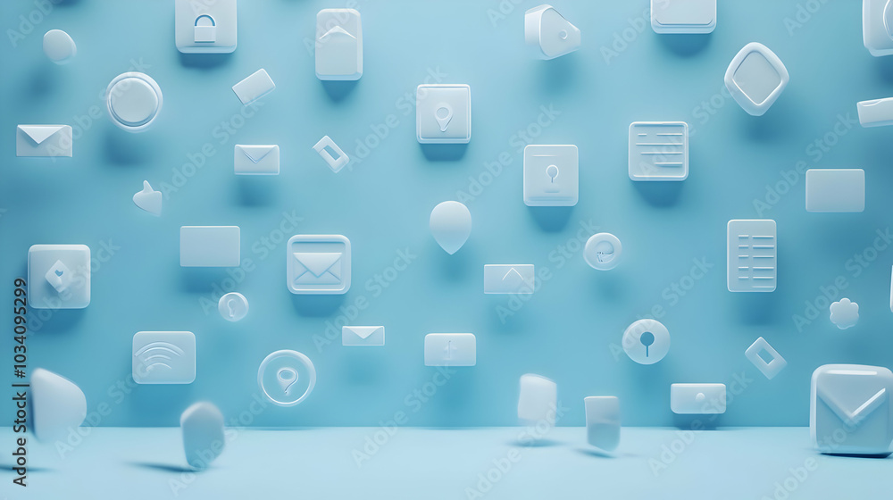Poster 3d plain light blue backdrop with floating white policy icons in zero gravity - ideal for policy exp