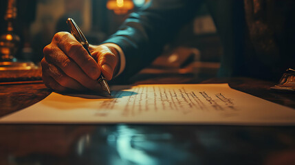 A Close-Up View of a Hand Writing with a Fountain Pen on a Paper, with a Wooden Desk in the Background
