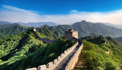 The Great Wall of China winds through mountains.