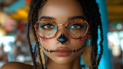 Day of the Dead-inspired costume with colorful skull makeup and floral accessories
