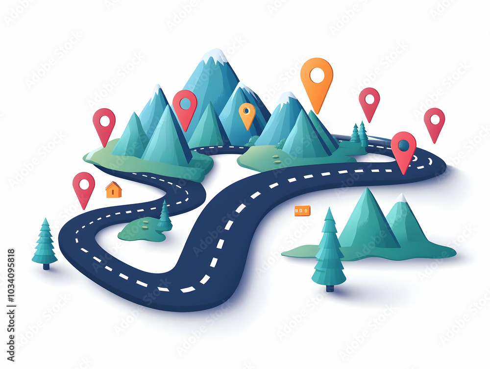 Poster flat campaign timeline roadmap illustration with winding road and milestone markers in simple vector