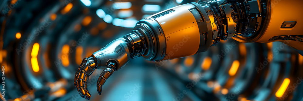 Poster a 3d render of a metallic robotic arm reaching out with a grasping hand against a blue and orange ab