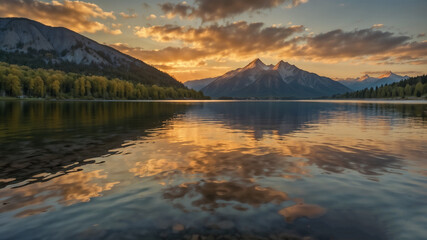 Obraz premium A serene landscape with a lake reflecting the setting sun and surrounding mountains, sunset, beautiful nature, travel, poster, postcard, wallpaper