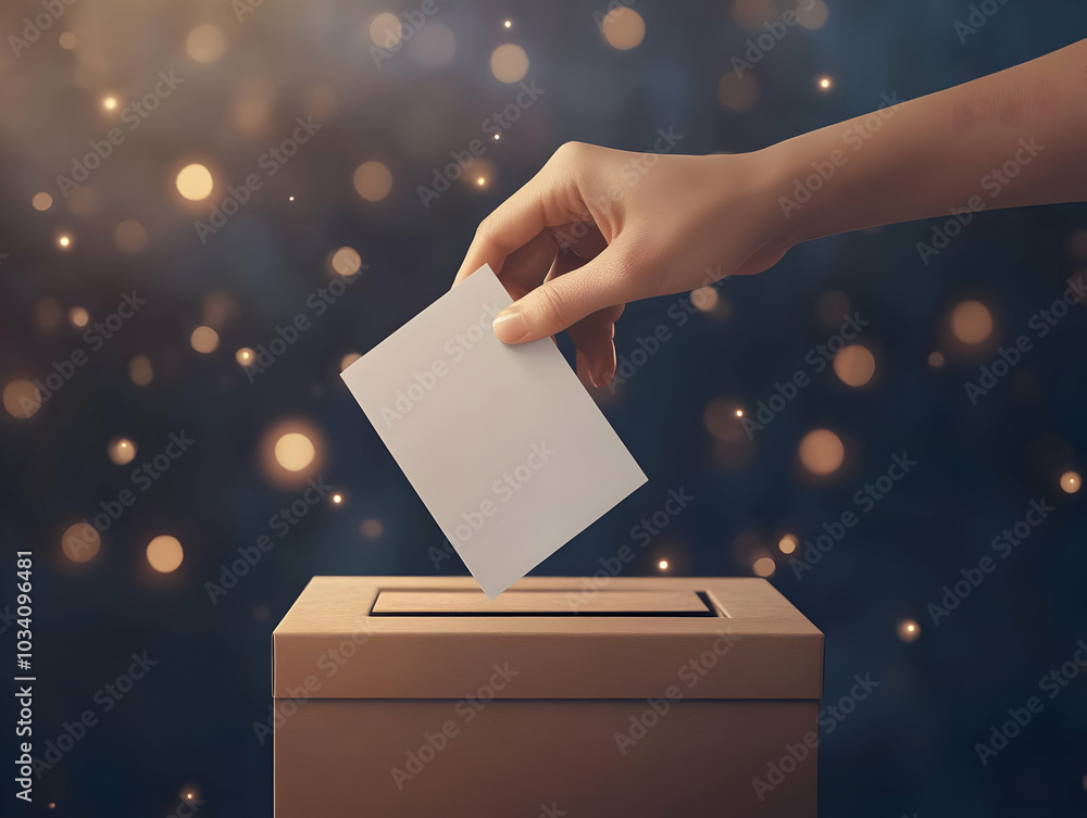 Poster flat soft focus voting concept: extreme close-up of hand inserting ballot into box, emphasizing deci