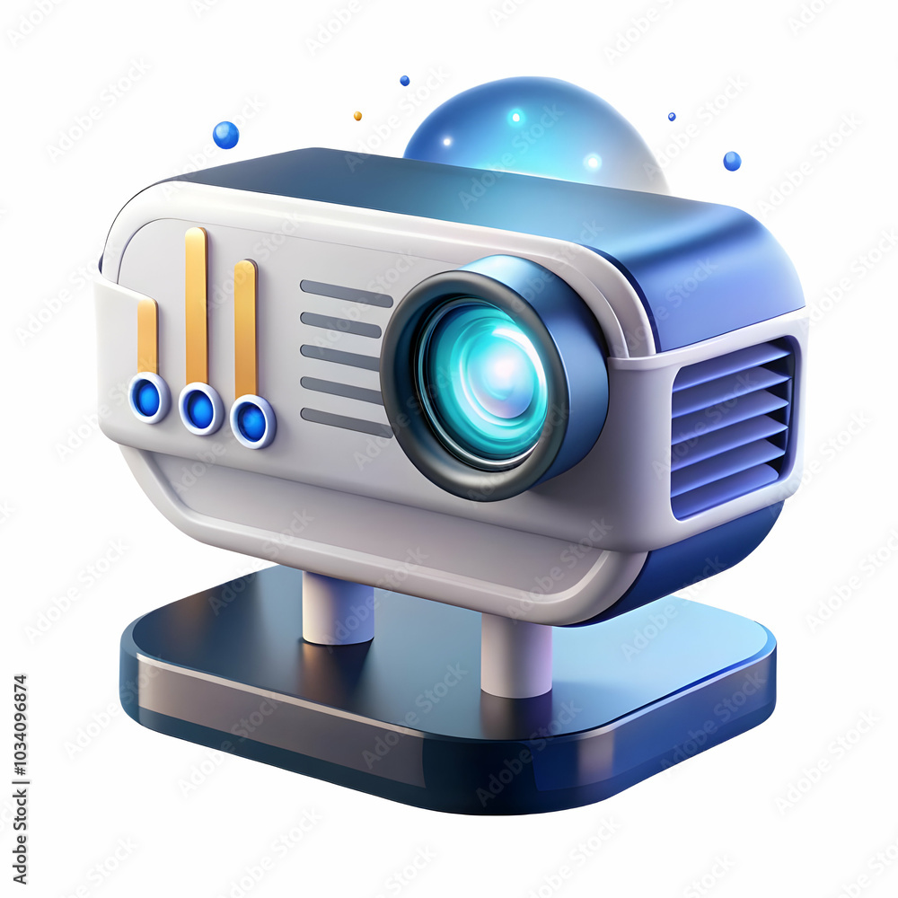 Poster futuristic projector close-up: holographic business presentation in high-tech office setting with gl
