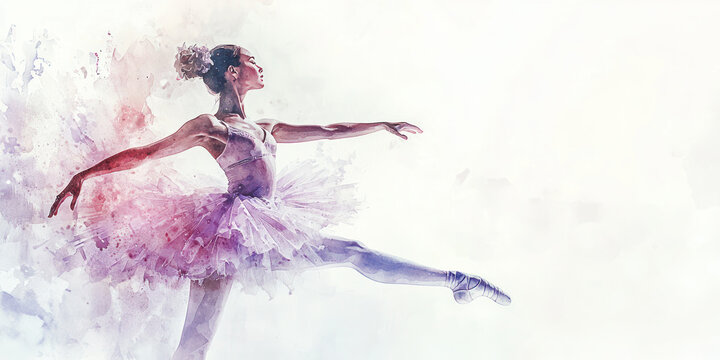 Ballet dancer in graceful mid-leap with watercolor effect and soft pastel tones.