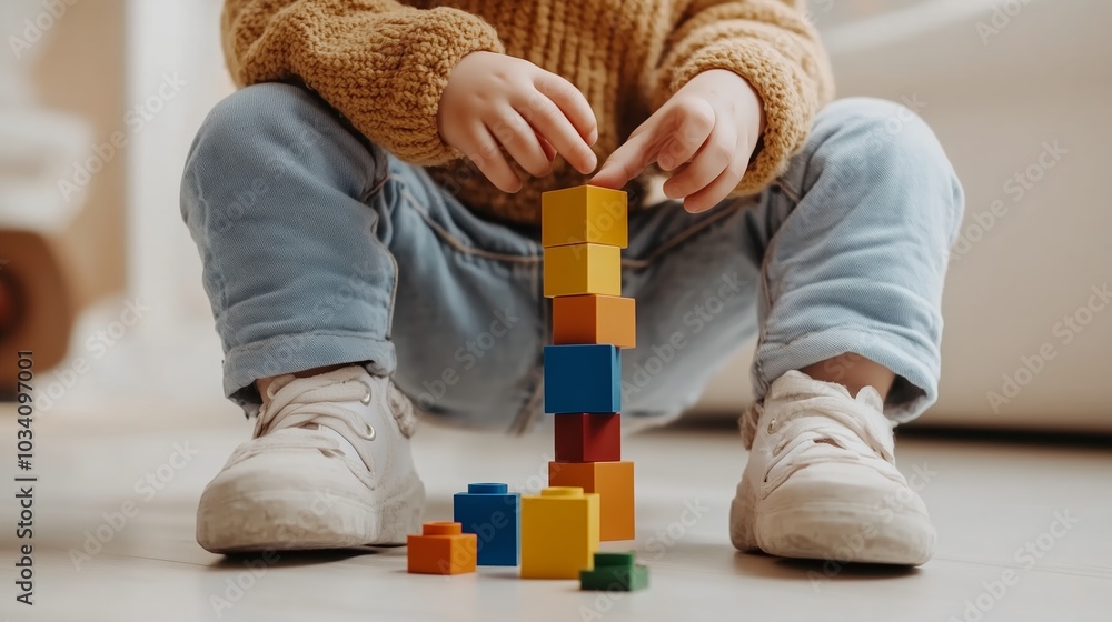 Poster child building a colorful tower with blocks indoors during a playful afternoon