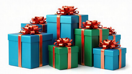 Fototapeta premium Minimalist of vibrant blue, yellow, red, and green gift-wrapped presents, each adorned with red and gold ribbon bows, neatly arranged against a clean white background